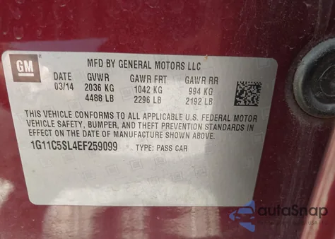 2014 Chevrolet Malibu 1Lt z USA, uszkodzony, nr VIN 1G11C5SL4EF259099